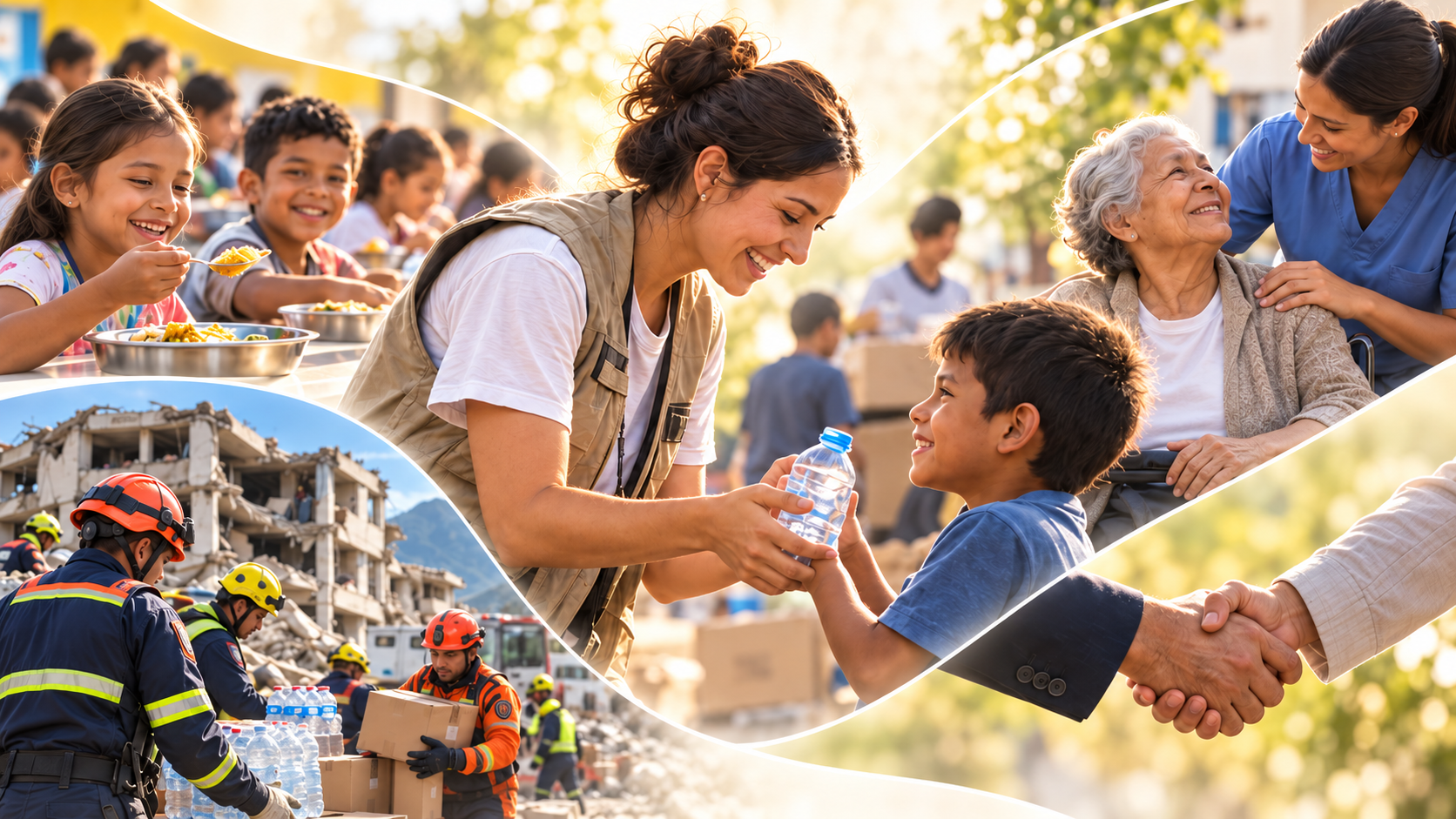 Voluntaria entregando una botella de agua a un niño, comedor infantil, acompañamiento a una adulta mayor, equipo de rescate y manos estrechándose